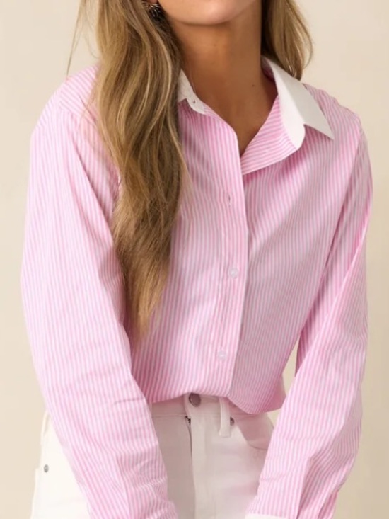 turtleson Tops - Pink White Preppy Chic Pinstripe Academia Casual Button Up Collar Shirt Size M